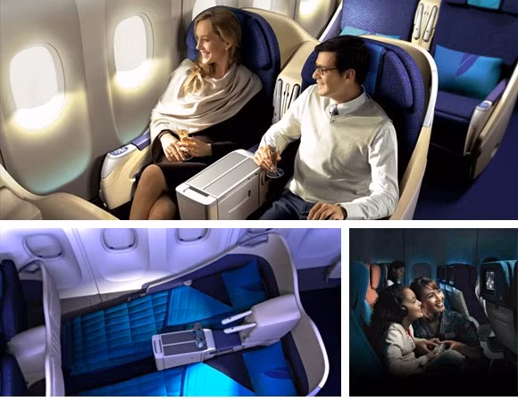 Khoang hạng thương gia với 35 ghế dài và rộng hơn, tăng tầm nhìn ra bầu trời cùng các tiện ích thiết yếu như máy mát xa, màn hình cảm ứng, điện thoại vệ tinh...