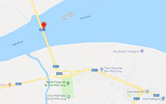 Cầu Mỹ Thuận nối liền quốc lộ 1A qua tỉnh Tiền Giang và Vĩnh Long, nơi nạn nhân nhảy cầu. Ảnh: Google Maps.