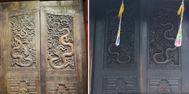 Hiện nay, hai cánh giữa (hiện vật gốc) đang được lưu giữ và trưng bày tại Bảo tàng Lịch sử quốc gia. Hai cánh bên (hiện vật gốc) đang được trưng bày tại Bảo tàng tỉnh Nam Định. Trong ảnh, bên trái là hiện vật gốc, bên phải là phiên bản hai cánh bên.