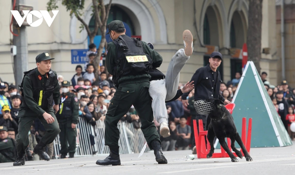 Cán bộ, chiến sĩ biểu diễn võ thuật trong bắt giữ tội phạm, kết hợp với cảnh khuyển.