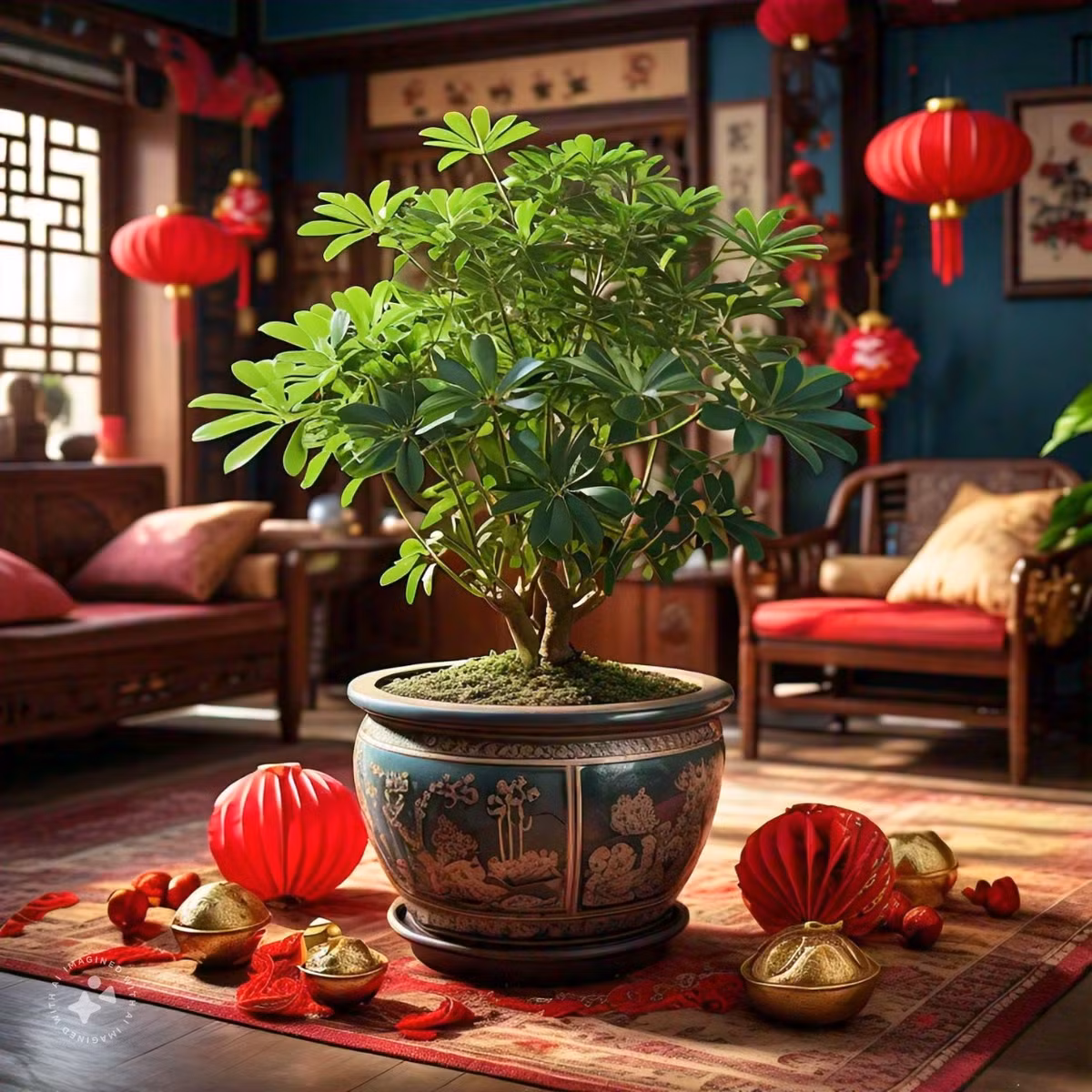  Ngũ gia bì là cây cảnh tốt lành, có lá rất xanh tươi quanh năm, hình dáng rất cao cấp và trang nhã, cành lá sum suê. Trong phong thủy, cây ngũ gia bì luôn được coi là biểu tượng của sự giàu có.