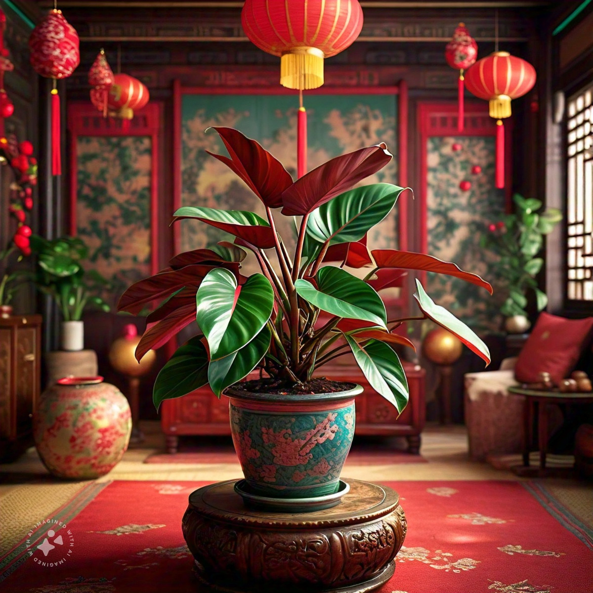  Trầu bà đế vương đỏ là một loại cây lai được biết đến với tán lá tươi tốt và màu xanh đỏ độc đáo. Lá của nó bắt đầu có màu đỏ đồng khi chúng còn non và trưởng thành có màu xanh đậm (mặc dù cuống lá vẫn có màu đỏ). Vẻ ngoài "bá đạo" khiến nó có tên "đế vương" đầy ngạo nghễ.