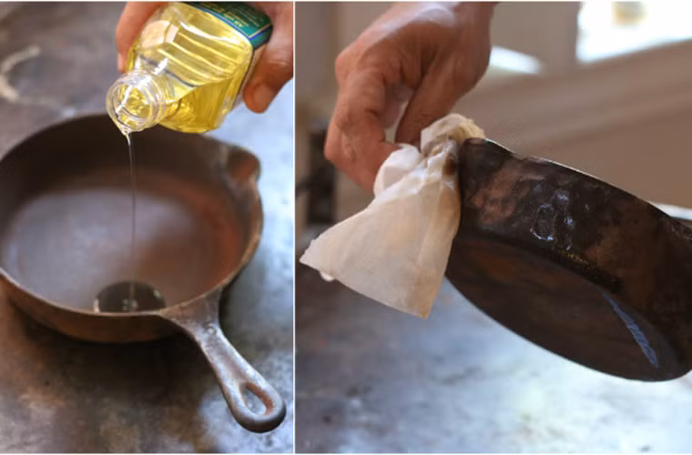 Lau khô rồi dùng dầu lạc để đánh bóng chảo. Khi đánh bóng, thao tác từ trong ra ngoài.