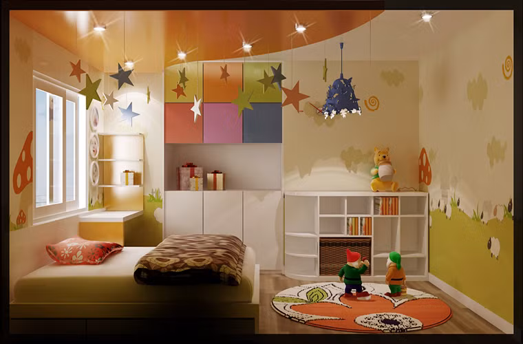 Ánh sáng là một yếu tố then chốt tạo nên vẻ đẹp không gian phòng cho bé, nhưng cần chú ý tránh những loại đèn dễ vỡ nêu để bàn hoặc để trên sàn, chọn loại bóng đèn thích hợp để không làm trẻ bị nhức mỏi mắt.