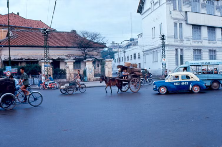 Xe thổ mộ chạy giữa đường phố Sài Gòn cùng các loại xe hơi, 1967. Ảnh tư liệu.