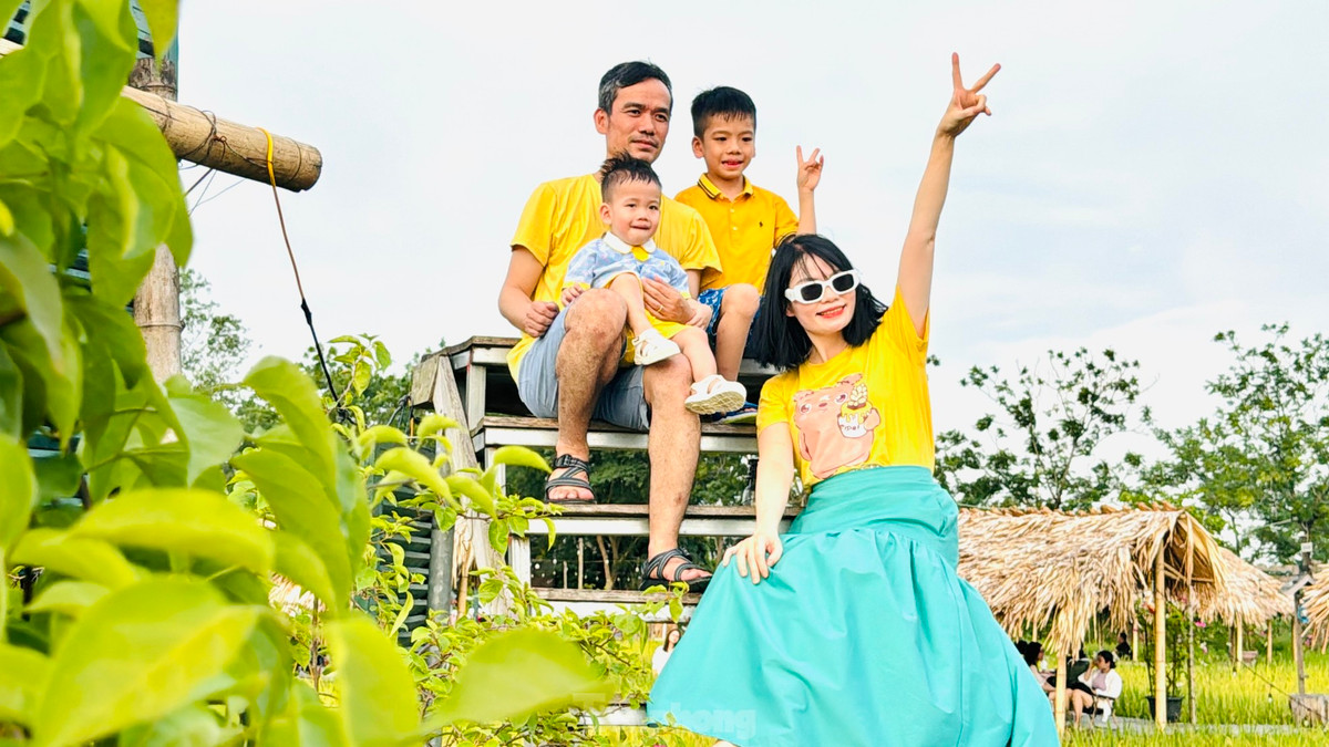 Trên ruộng lúa rộng khoảng gần 2.000m2 giữa cánh đồng của làng, quán cà phê chỉ đơn giản với 5 chiếc chòi lợp lá cọ, không điều hòa, không máy lạnh, hòa mình hoàn toàn với thiên nhiên đã thực sự khiến các gia đình vô cùng thích thú.