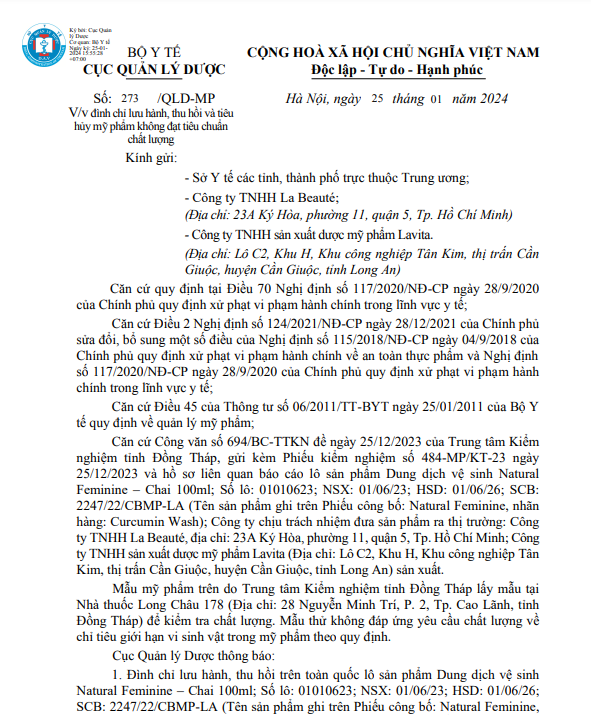 Lo san pham Natural Feminine bi thu hoi, tieu huy vi kem chat luong