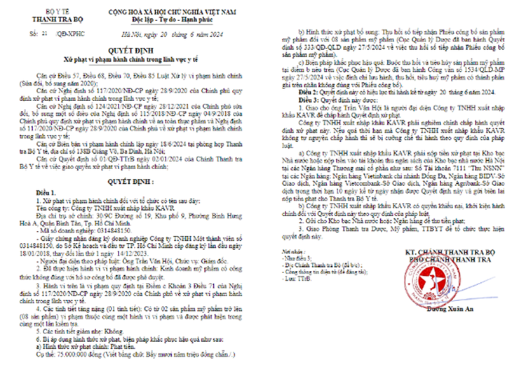 Vi sao cong ty Xuat nhap khau Kavr bi thu hoi 8 my pham?