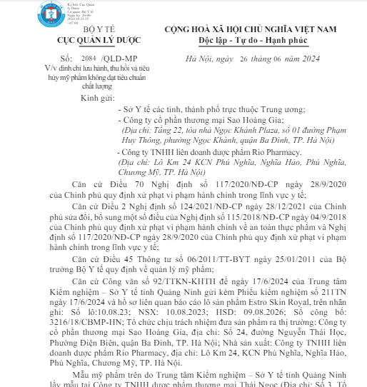 Thu hoi lo my pham Estro Skin Royal cua Duoc pham Rio Pharmacy