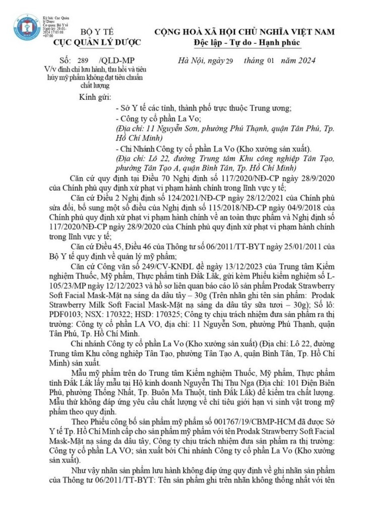 Ly do thu hoi lo san pham Prodak Strawberry Soft Facial Mask