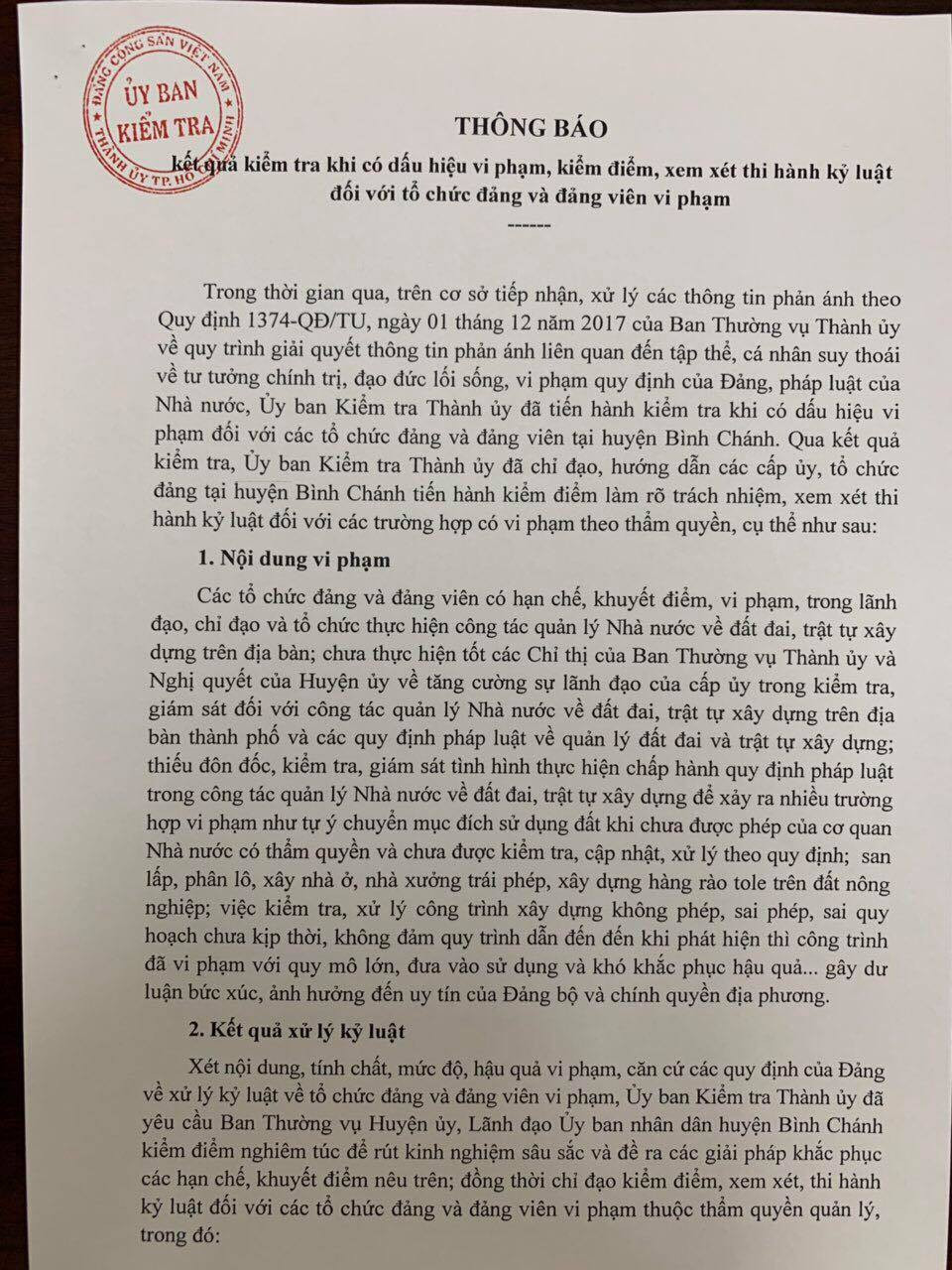 TP HCM kỷ luật hàng loạt tập thể, cá nhân liên quan vi phạm đất ở Bình Chánh TP HCM ky luat hang loat tap the, ca nhan lien quan vi pham dat o Binh Chanh