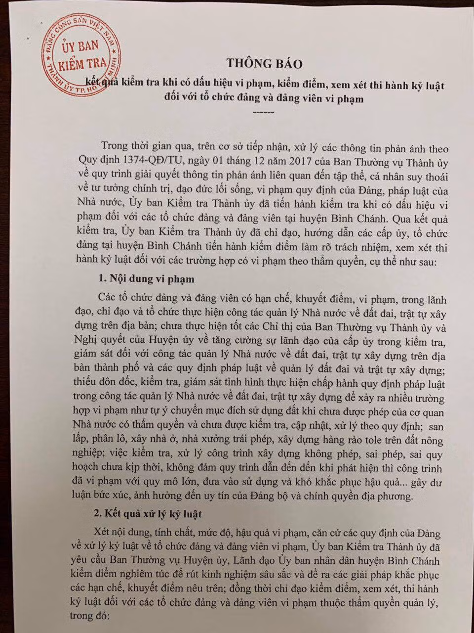TP HCM kỷ luật hàng loạt tập thể, cá nhân liên quan vi phạm đất ở Bình Chánh TP HCM ky luat hang loat tap the, ca nhan lien quan vi pham dat o Binh Chanh