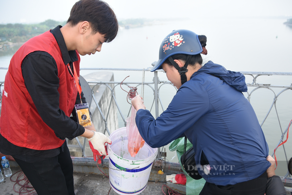  Ghi nhận tại cầu Long Biên, nhiều người dân cũng đến đây để thả cá. Tại đây, nhiều khẩu hiệu thả cá đừng thả túi ni lông đã xuất hiện với mục đích kêu gọi người dân bảo vệ môi trường. 