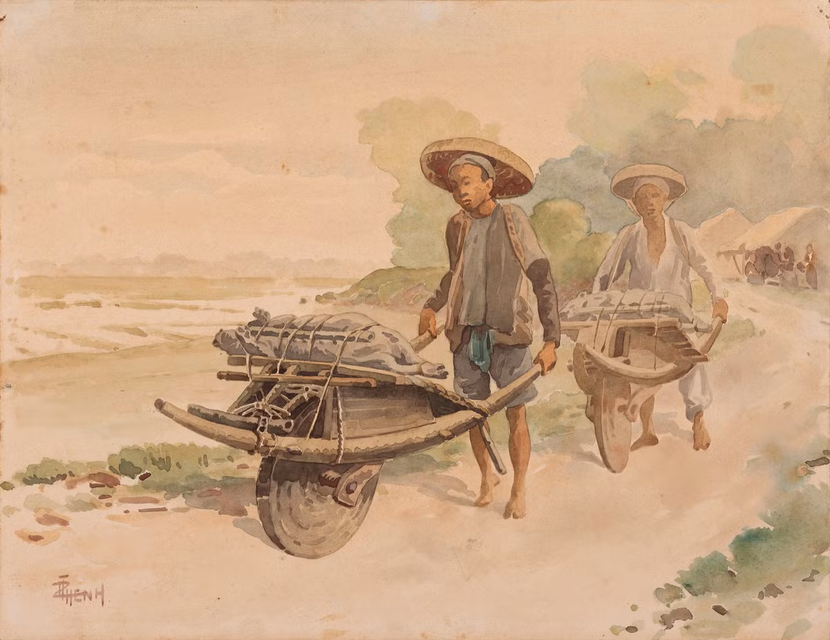 "Người bán lợn," màu nước trên giấy, khoảng năm 1930. Gia đình họa sĩ đã sống mấy đời ở phố cổ Hà Nội, tại địa chỉ mà ngày nay là số 14 phố Hàng Cá.