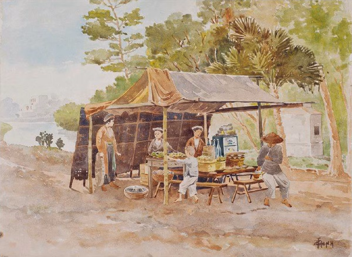 Một bức tranh trong loạt tranh "Cảnh Việt Nam xưa", họa sĩ Thang Trần Phềnh vẽ trong giai đoạn 1930-1935. Từ thở bé, Thang Trần Phềnh đã bộc lộ tình yêu hội họa. Bằng hòn than, cục phấn, một vết ố nước trên tường cùng cái que, cậu cũng vẽ được những hình người, vật sống động.