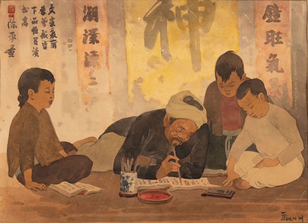 "Lớp học thư pháp," màu nước trên giấy, khoảng năm 1920. Theo cuốn "Ba họa sĩ cận đại: Lê Huy Miến, Trần Phềnh, Nam Sơn", họa sĩ Thang Trần Phềnh sinh năm 1895 tại Hà Nội trong gia đình có bố làm nghề thư ký cho hiệu buôn Di Lăng ở Hàng Ngang, mẹ làm nghề khâu vá thuê.