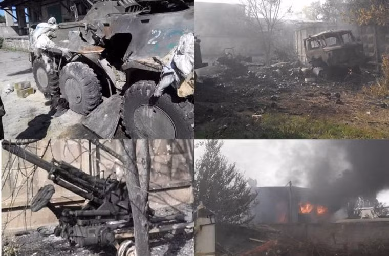 BM-21 Grad có thể bắn nhiều loại đạn, từ đạn nổ mảnh chống bộ binh tới các loại đạn chống tăng với tầm bắn 10-40km. Trong ảnh là các xe thiết giáp, xe tải, khẩu cối hạng nặng của Quân đội Ukraine bị phá hủy tại miền đông.