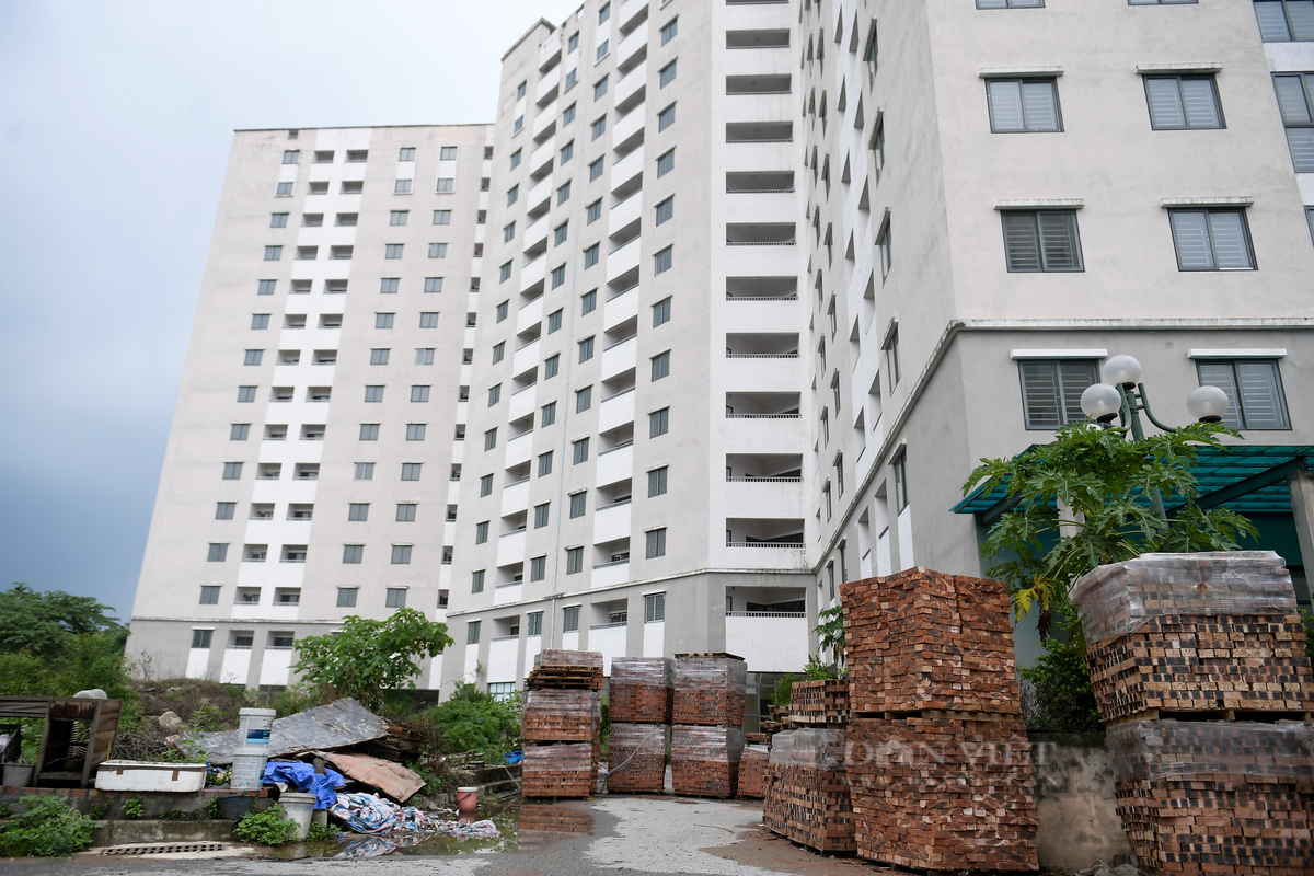 Nhiều loại rác thải sinh hoạt, vật liệu xây dựng được tập kết ngay trước cửa ra vào của tòa chung cư cao tầng này.