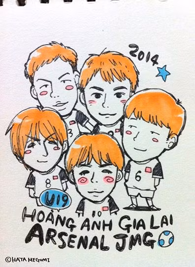 Trước đó, các thành viên của Học viện HAGL-Arsenal JMG trong thành phần ĐT U19 Việt Nam cũng được nữ phóng viên này vẽ riêng. Đây là bức tranh được cô vẽ sau giải U19 Quốc tế TP.HCM hồi tháng 1.