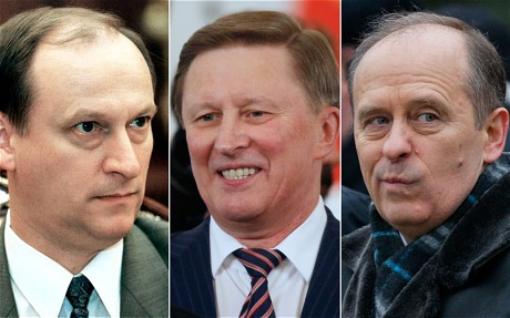 Ba nhân vật gồm Nikolai Patrushev, Sergei Ivanov và Alexander Bortnikov (từ trái sang)...