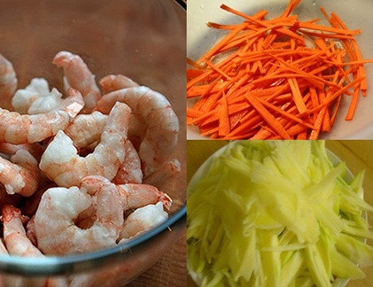 Nguyên liệu món nộm xoài xanh tôm thịt.