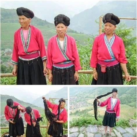  10. Nuôi tóc siêu dài ở Trung Quốc: Tóc dài, người Yao, Trung Quốc. Có nhiều phụ nữ có mái tóc rất dài sống ở làng Huangluo, Trung Quốc. Họ chỉ cắt tóc trong một nghi lễ bắt đầu ở tuổi 16. Có một quy luật trong thời cổ đại rằng nếu một người đàn ông nhìn thấy mái tóc của một người phụ nữ, anh ta phải kết hôn với cô ấy. Quy tắc này không còn tồn tại và phụ nữ có thể cho mọi người thấy mái tóc của mình.