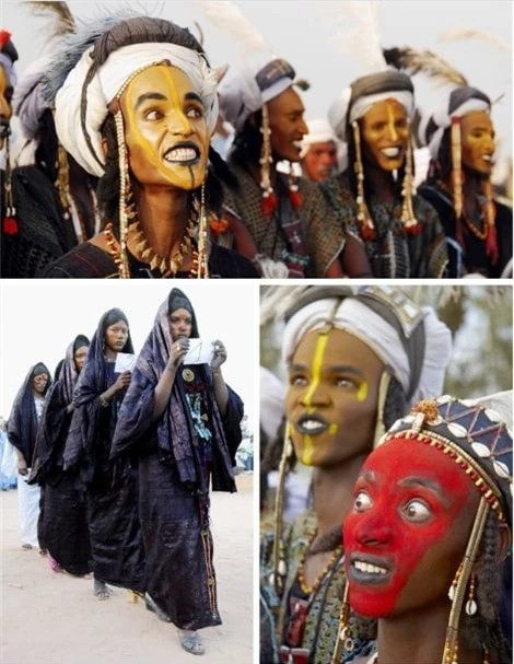  8. Cuộc thi sắc đẹp nam giới: Cuộc thi sắc đẹp nam giới, bộ lạc Wodaabe, Nigeria. Mọi thứ đều có vẻ ngược lại trong bộ lạc Wodaabe. Người đàn ông thường trau chuốt vẻ đẹp và sự hấp dẫn. Trong một cuộc thi sắc đẹp nam, phụ nữ có thể chọn người chồng tương lai của họ. Đàn ông vẽ đôi mắt và môi của họ bằng màu đen để nhấn mạnh độ trắng của mắt và răng