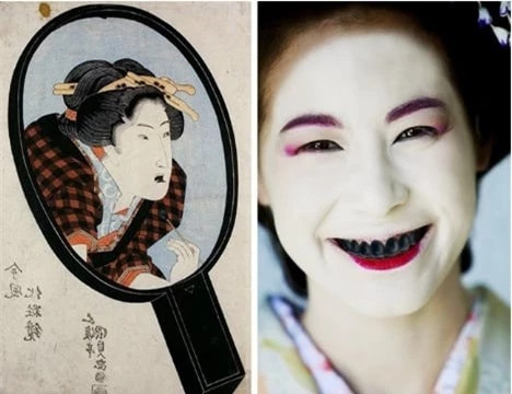  3. Nhuộm răng đen ở Nhật Bản: Răng đen của người Nhật Bản xưa. Phong tục nhuộm răng đen ở Nhật được phổ biến cho đến cuối thế kỷ 19. Ngày nay, bạn chỉ có thể nhìn thấy răng đen trong các vở kịch sân khấu. Việc làm này không chỉ có chức năng trang trí mà nó còn bảo vệ răng. Thuốc nhuộm gồm sắt và quả óc chó trộn lẫn với axit axetic.