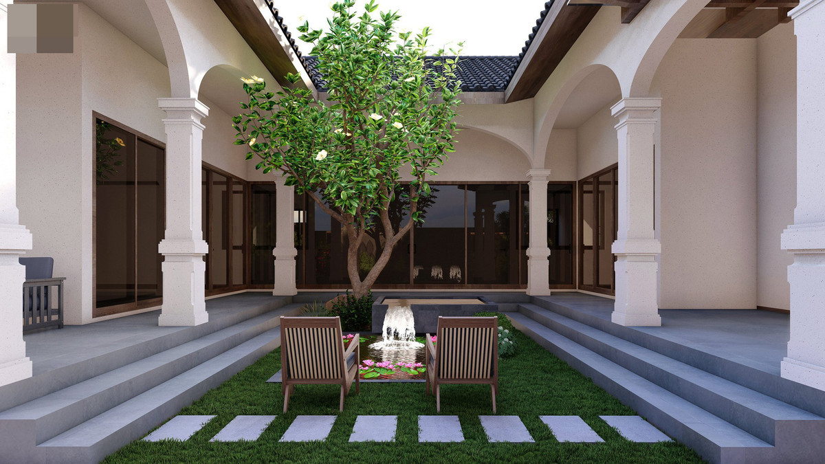 Khu vực sân giữa trồng cỏ êm ái, cho gia chủ thả hồn giữa thiên nhiên.