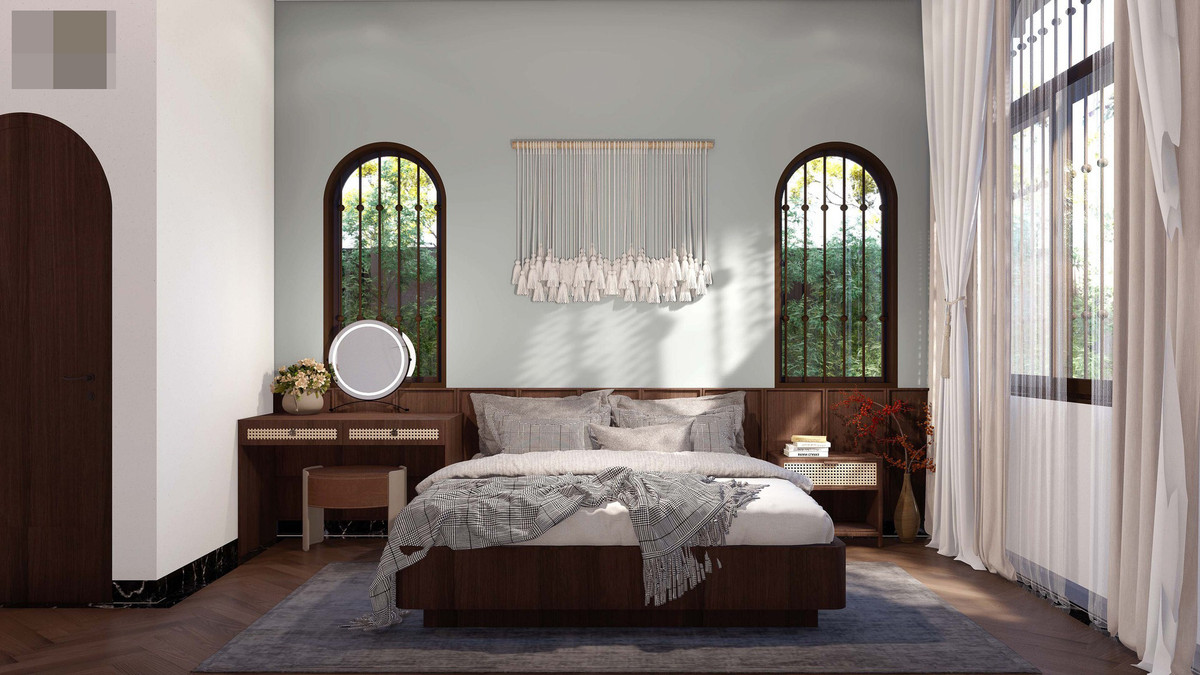 Hệ cửa sổ bo cong, nan sắt kết hợp cửa kính trong suốt là điểm cộng cho thiết kế.