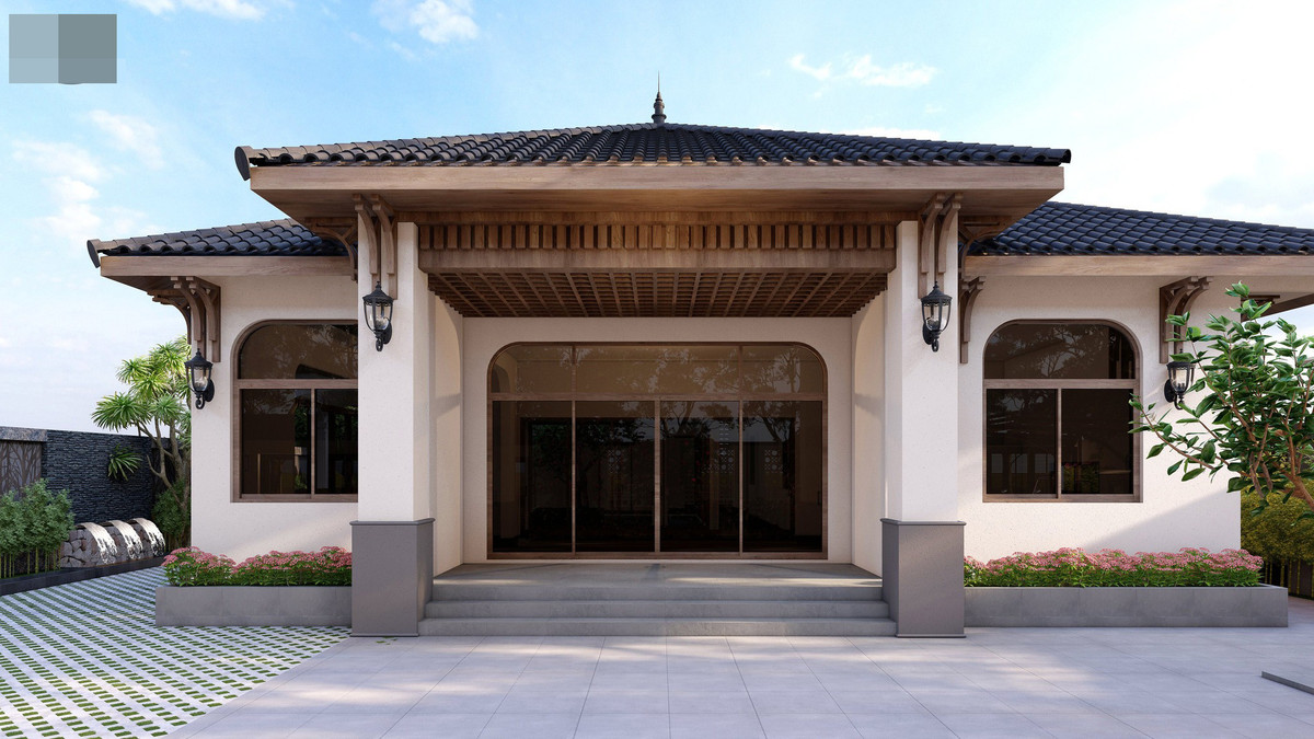 Thiết kế Á Đông nhưng vẫn đan xen chút hiện đại, tinh tế. Mái dốc lợp ngói chống nóng hiệu quả. Hàng rào dùng gạch lỗ thông gió vừa mang tính thẩm mỹ cao vừa kín đáo, thoáng đãng.