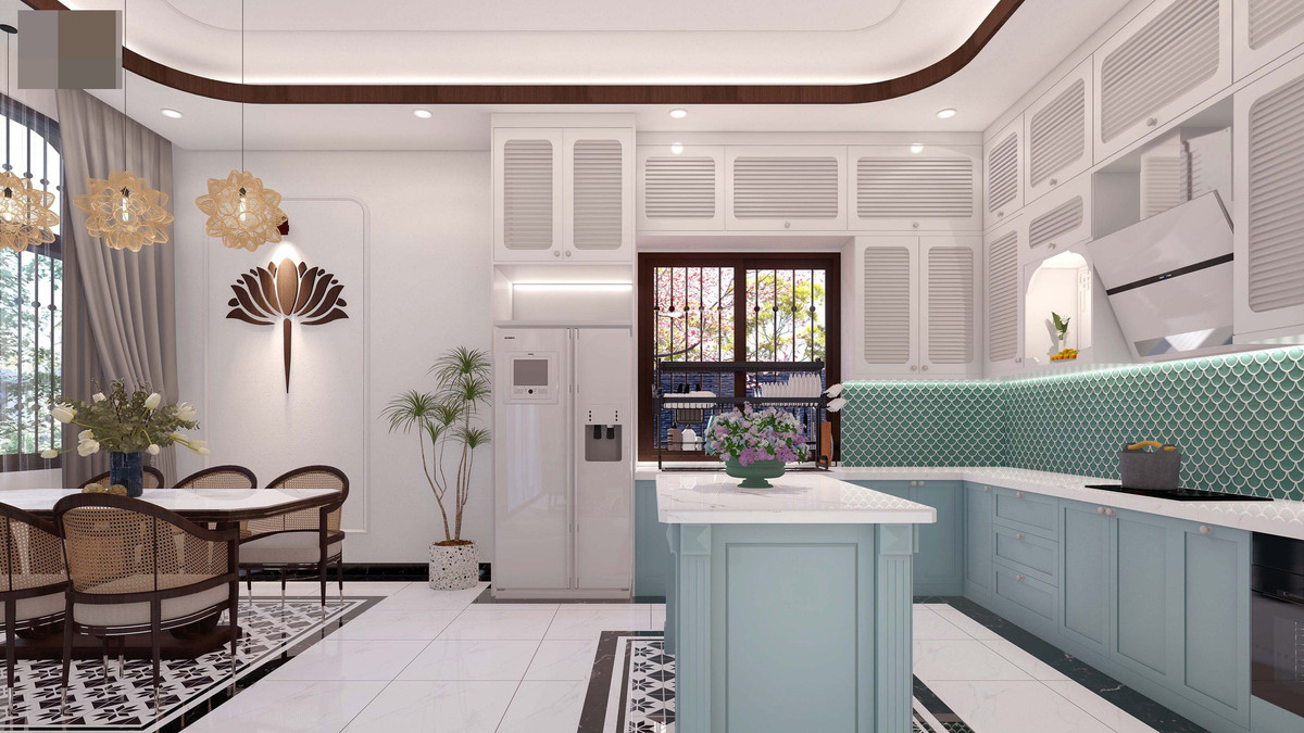 Bếp màu xanh pastel nhẹ nhàng và trắng sáng