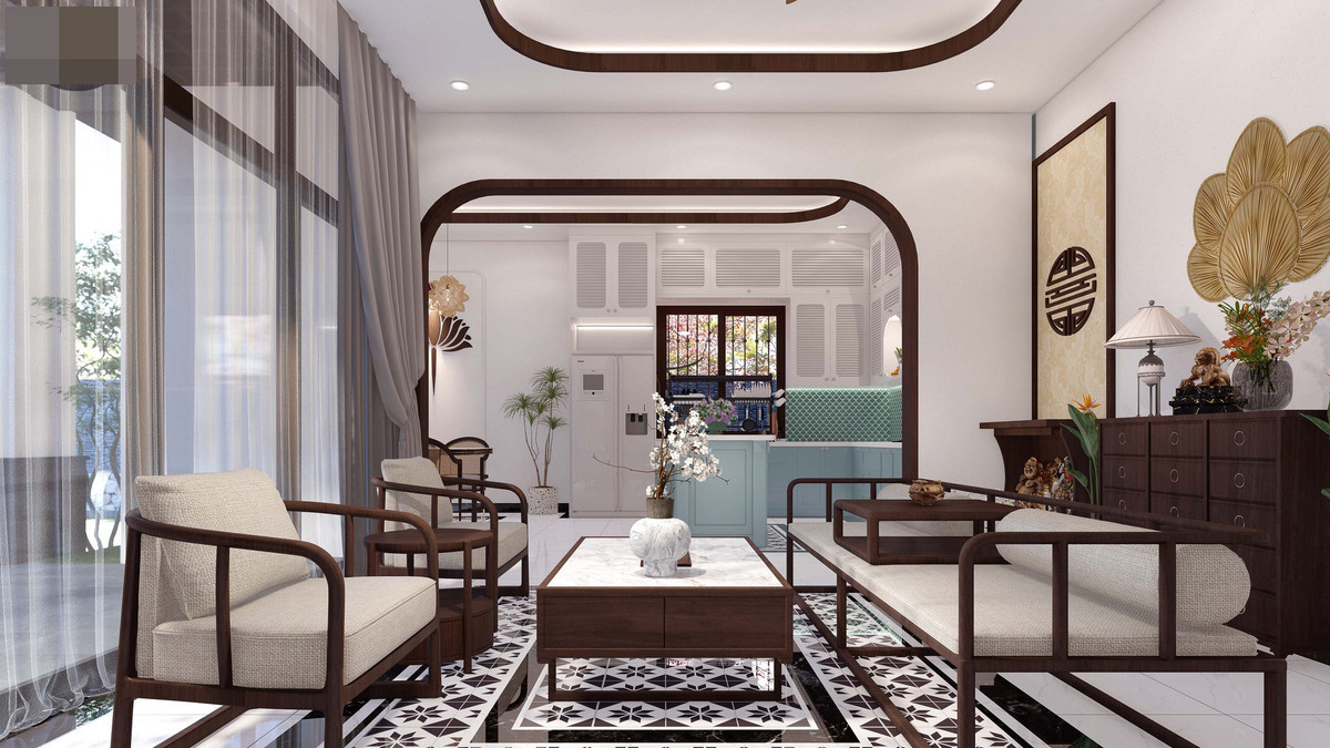 Phòng khách dùng nội thất gỗ thịt thiết kế đơn giản. Sàn gạch bông họa tiết bông tuyết mát mẻ, sạch sẽ, phân biệt với không gian bếp.