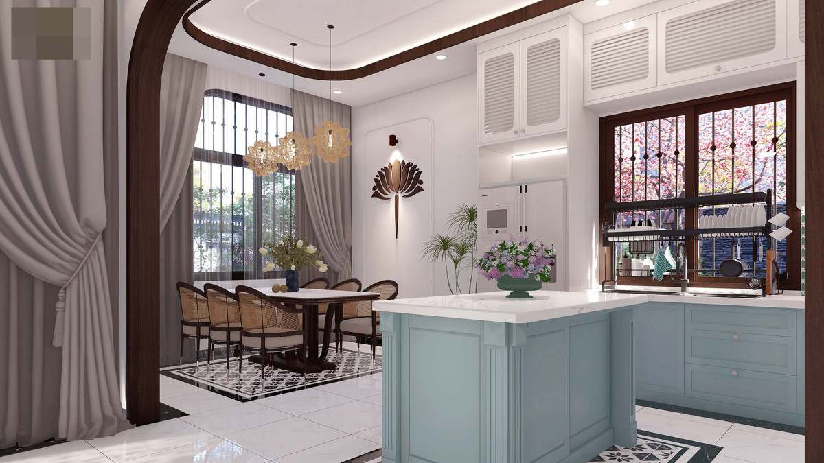 Sàn gạch bông họa tiết bông tuyết mát mẻ, sạch sẽ, phân biệt với không gian bếp.