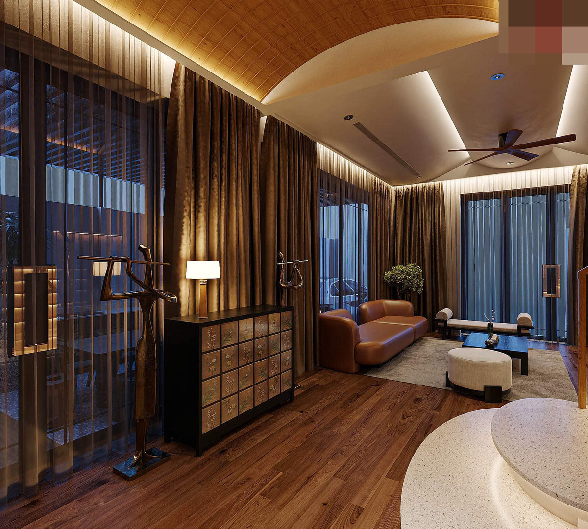 Việc tiếp nối giữa phòng khách và phòng bếp thông qua một khoảng nghỉ của cầu thang lên tầng 2 với bonsai và hồ cá giúp không gian có sự rộng mở, thông thoáng.