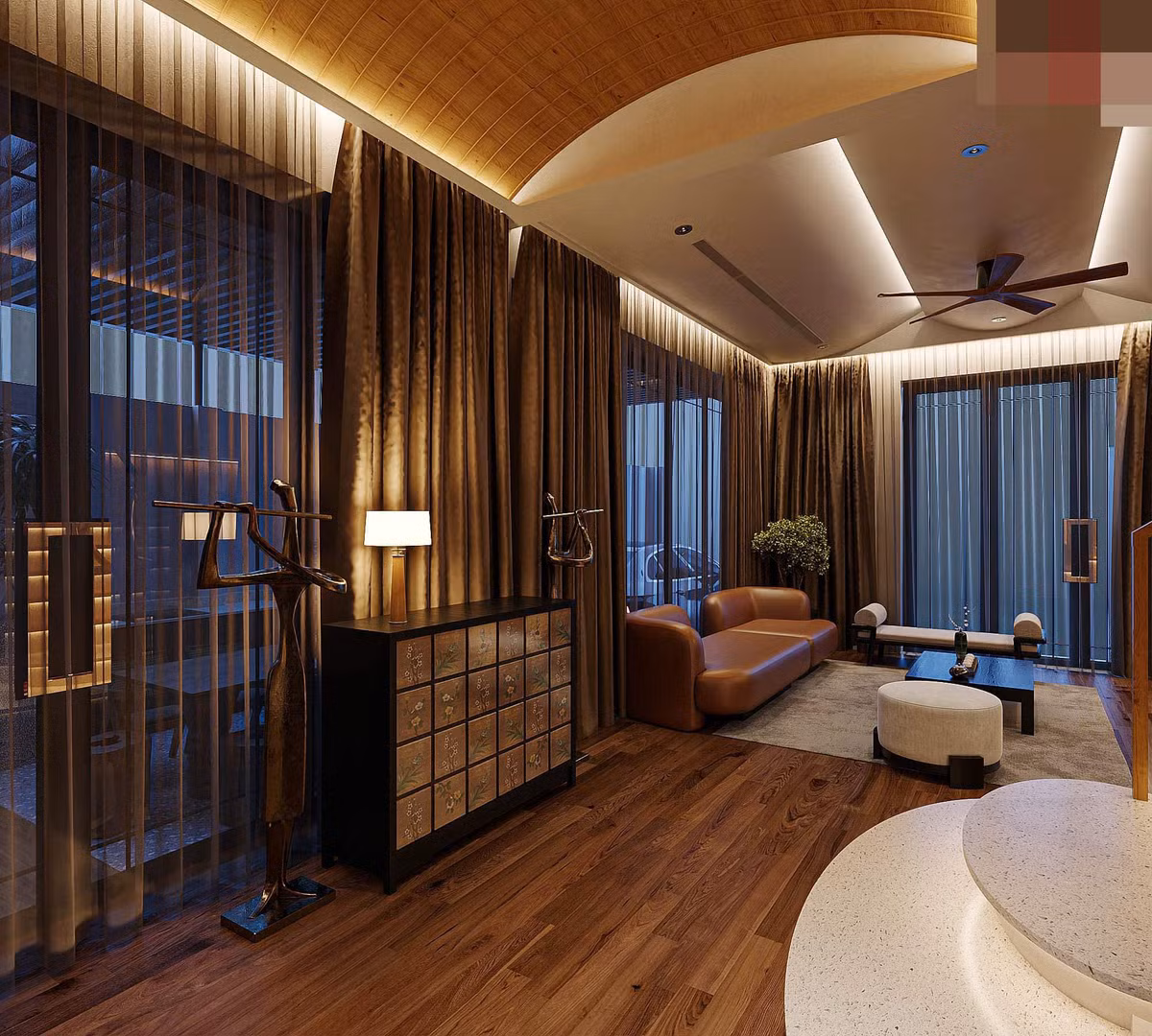 Việc tiếp nối giữa phòng khách và phòng bếp thông qua một khoảng nghỉ của cầu thang lên tầng 2 với bonsai và hồ cá giúp không gian có sự rộng mở, thông thoáng.