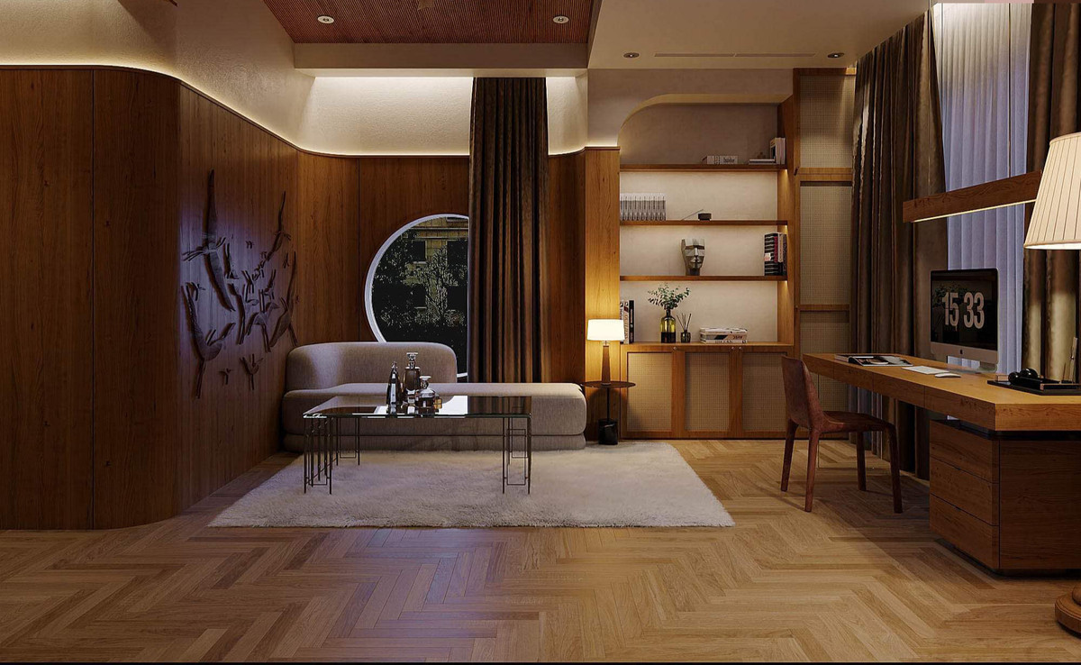 Phòng ngủ master có diện tích rất rộng, tích hợp bàn làm việc, ghế sofa và một phòng thay đồ lớn.