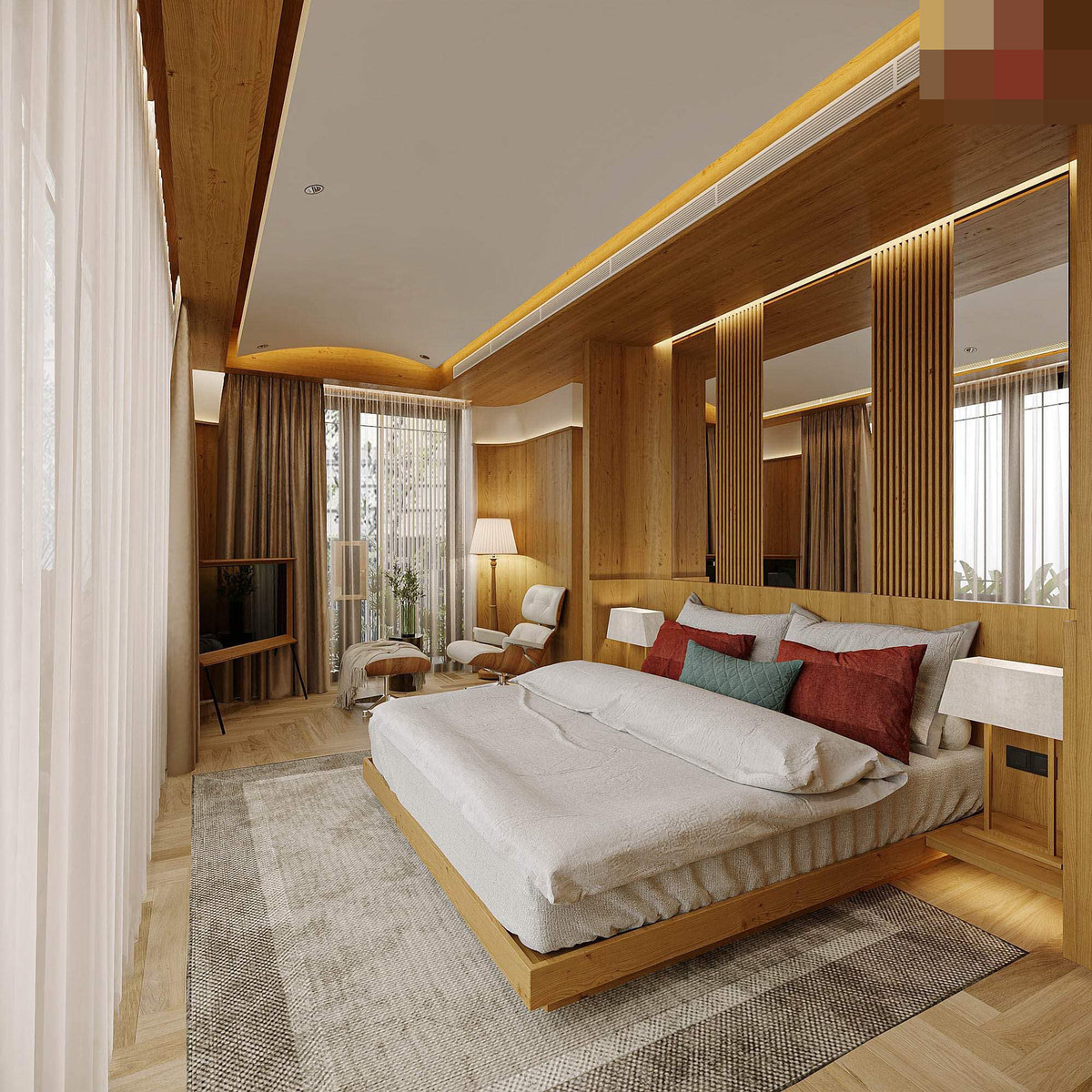 Phòng ngủ nhỏ nhưng nhiều ánh sáng tự nhiên nhờ 2 mặt thoáng, bố cục gọn gàng.