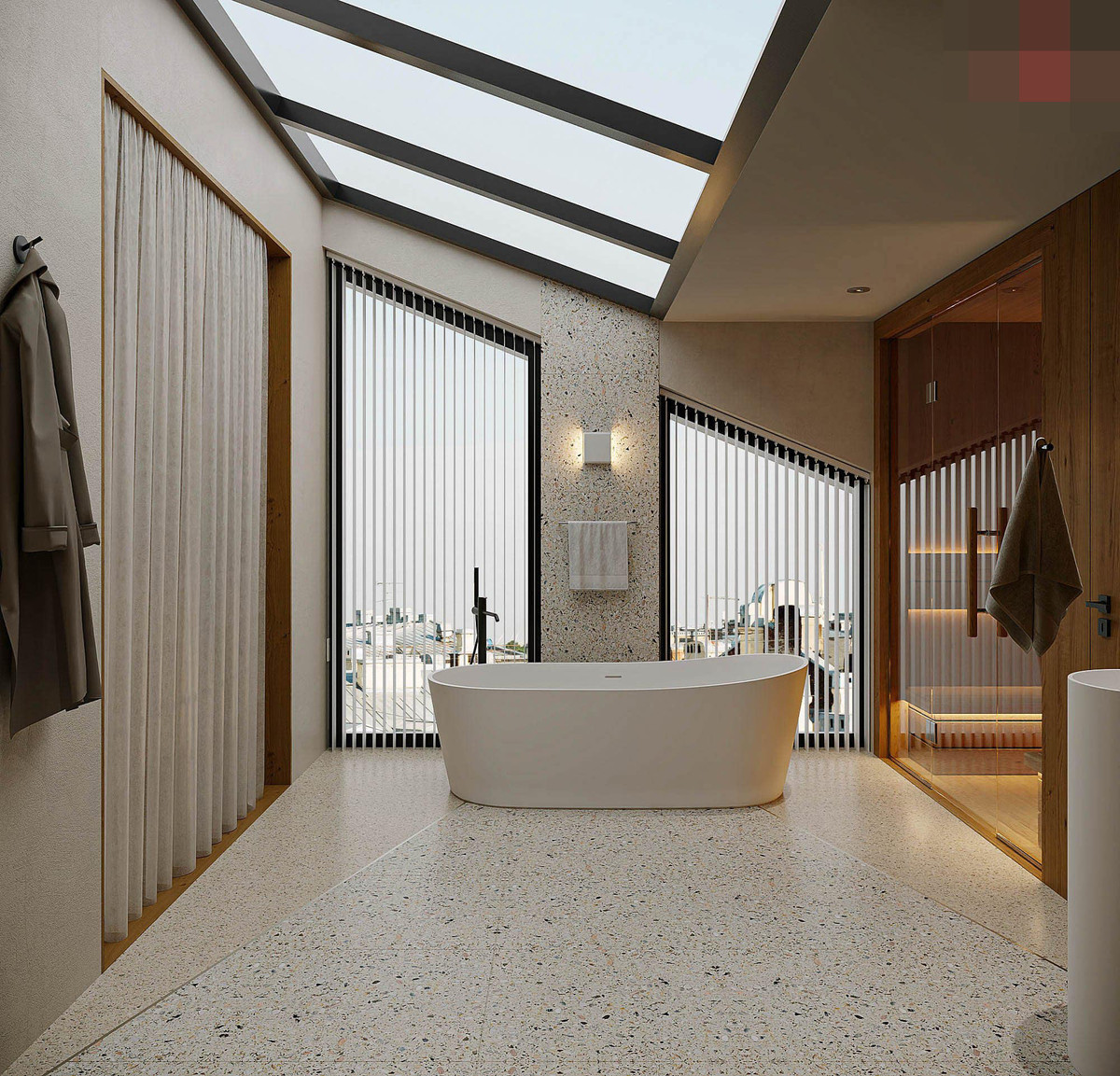 Cuối cùng, khu vực tầng gác mái được biến thành một nơi chill trong nhà với phòng tắm, phòng xông hơi và khu vực thay đồ. Với sở thích được ngâm mình thả hồn trong làn nước nóng sau những giờ làm việc mệt nhoài, chủ nhà và kiến trúc sư đã cùng đưa ra phương án vô cùng độc lạ, biến căn nhà phố trở thành nơi nghỉ dưỡng 5 sao đúng nghĩa.