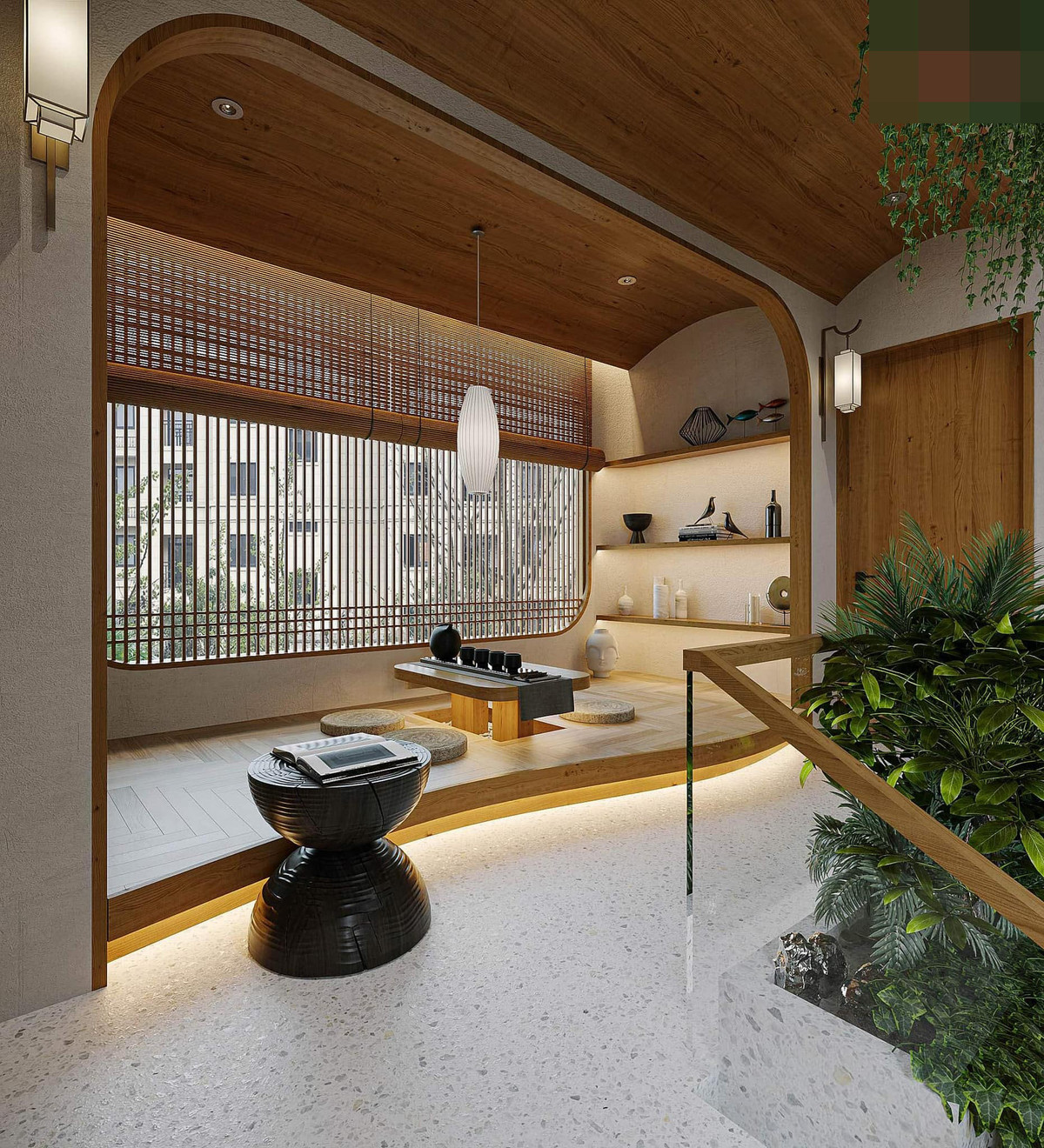 Góc trà đạo, thư giãn mang chút thiền tịnh, yên tĩnh. Kiến trúc sư dùng mành trúc cản nắng, tạo vẻ cổ điển, hợp với khung cảnh xung quanh.