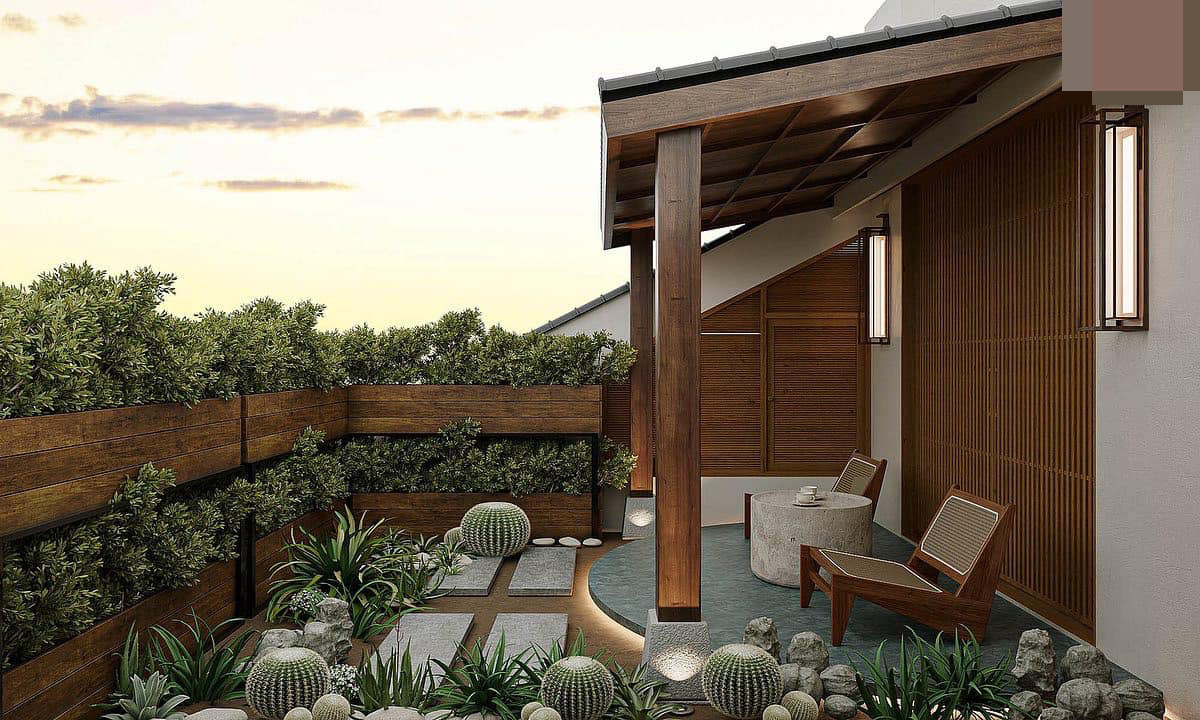 Vườn sân thượng ngoài phòng áp mái dùng gỗ làm bật không gian sống đẹp.