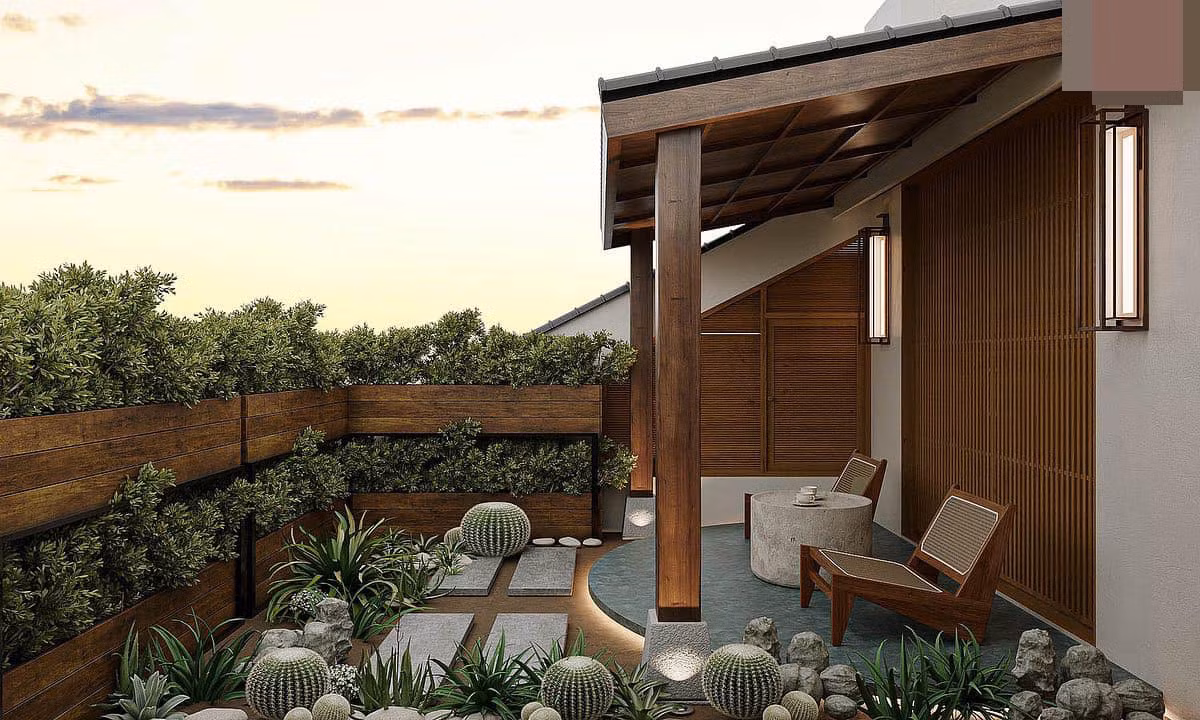 Vườn sân thượng ngoài phòng áp mái dùng gỗ làm bật không gian sống đẹp.