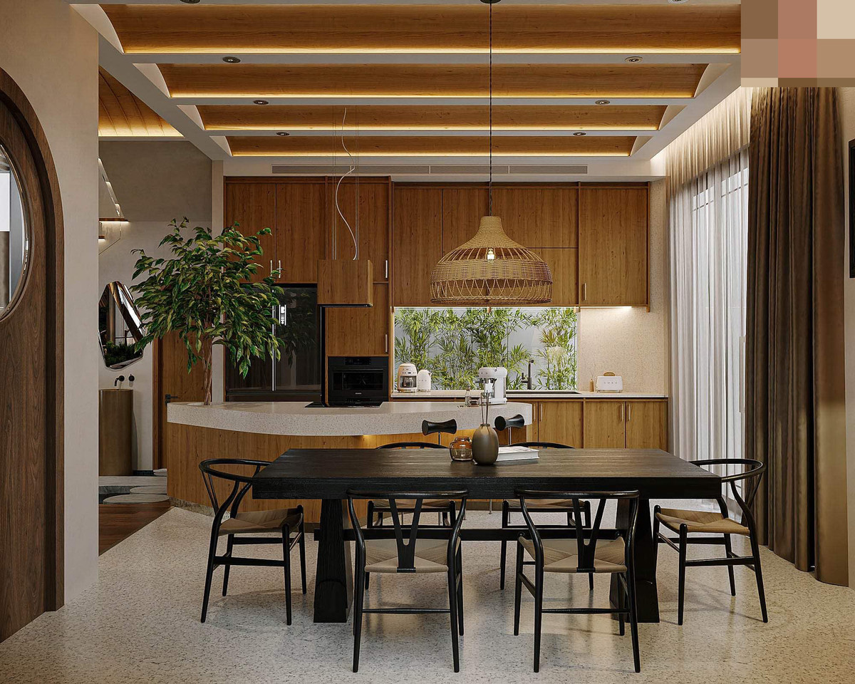 Bếp tiếp nối phòng khách qua hồ cái koi điều hòa. Trần nhà ốp nhựa gỗ, tạo sóng ấn tượng.