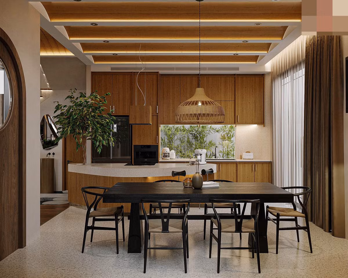 Bếp tiếp nối phòng khách qua hồ cái koi điều hòa. Trần nhà ốp nhựa gỗ, tạo sóng ấn tượng.