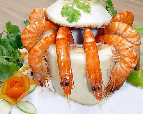 Tôm hấp quả dừa.