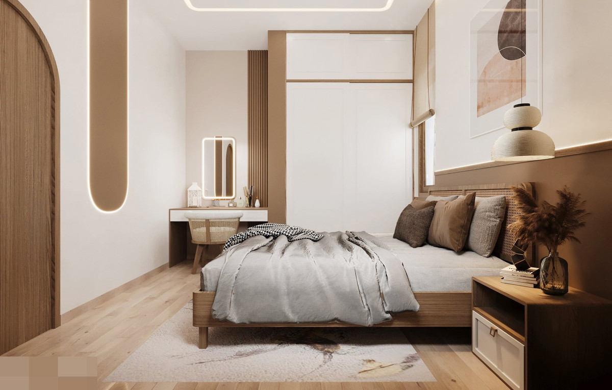 Phòng ngủ master tầng 2 thiết kế hiện đại dành cho bố mẹ. Phòng lấy không khí tươi từ cửa sổ kết nối giếng trời.