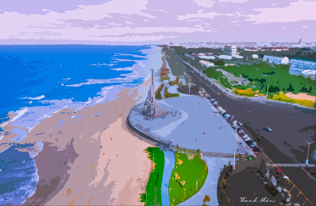 Tháp Nghinh Phong nhìn từ trên cao. Đây là công trình được lấy cảm hứng từ Gành Đá Đĩa nổi tiếng của Phú Yên. Bức ảnh gây ấn tượng nhờ sự giao hòa giữa đất và biển. Khung cảnh bình yên với những con phố vắng, bãi biển đẹp là điều khiến nhiều du khách "phải lòng" Phú Yên.