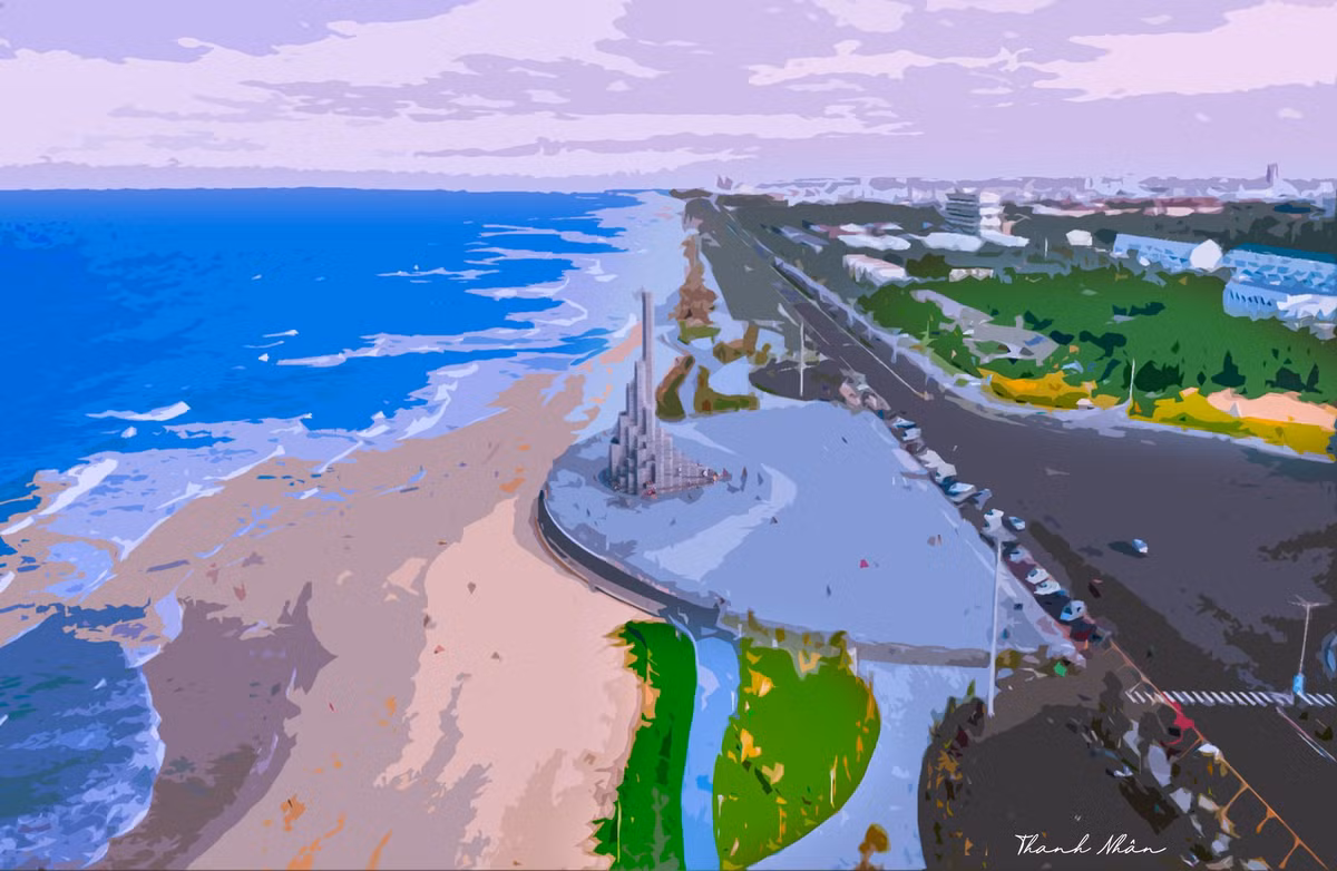 Tháp Nghinh Phong nhìn từ trên cao. Đây là công trình được lấy cảm hứng từ Gành Đá Đĩa nổi tiếng của Phú Yên. Bức ảnh gây ấn tượng nhờ sự giao hòa giữa đất và biển. Khung cảnh bình yên với những con phố vắng, bãi biển đẹp là điều khiến nhiều du khách "phải lòng" Phú Yên.