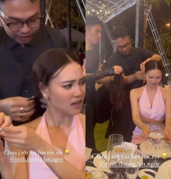 Không chỉ Nam Thư, một mỹ nhân khác cũng rơi vào tình huống khó đỡ đó chính là Ninh Dương Lan Ngọc. Một stylist nổi tiếng vừa cập nhật đoạn video ngắn ghi lại khoảnh khắc... rơi tóc giả của Ninh Dương Lan Ngọc. Cụ thể, khi di chuyển chỗ ngồi, nữ diễn viên "Gái Già Lắm Chiêu" đã phát hiện ra phần tóc phía sau của mình rơi lại ở vị trí ghế cũ. Nhanh chóng, người đẹp được sự giúp đỡ từ bạn bè để chỉnh trang lại vẻ ngoài.
