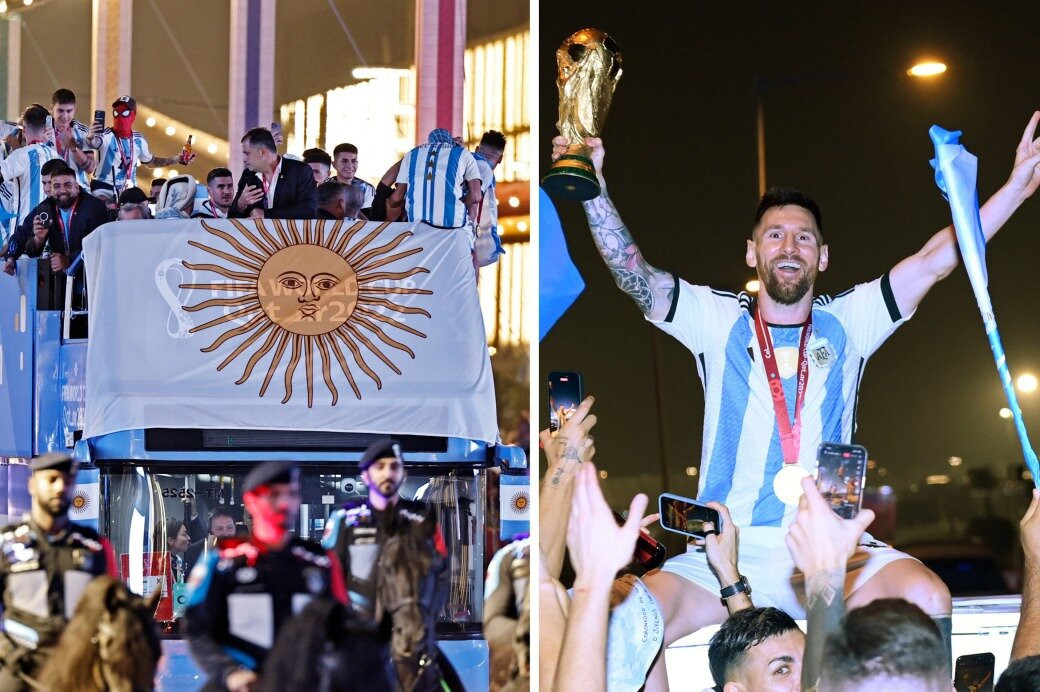 Messi diễu hành ăn mừng trên xe buýt mui trần Lionel Messi và các đồng đội được lên xe buýt mui trần diễu hành rời sân Lusail ăn mừng chức vô địch World Cup 2022.